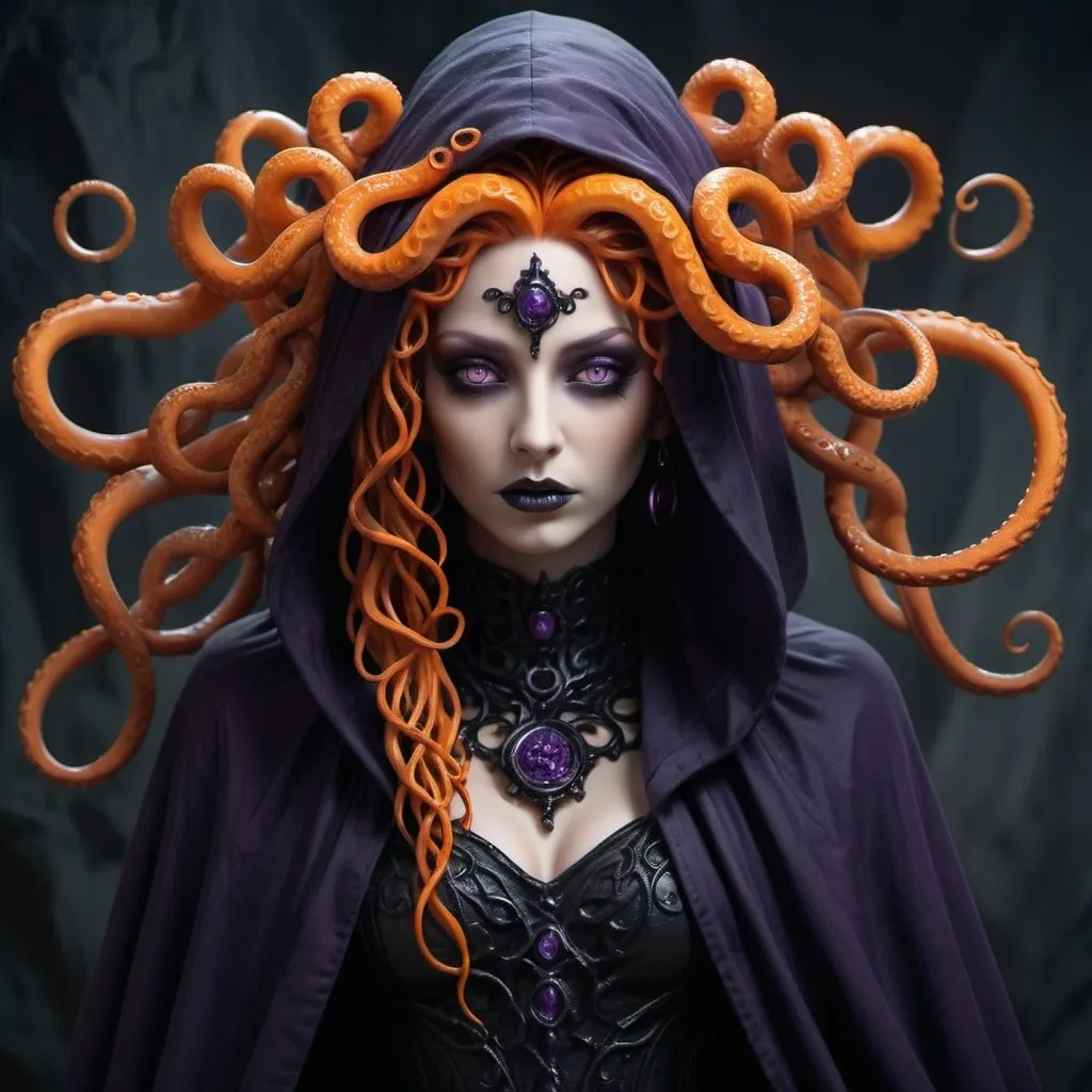 Prompt: Goth Medusa with orange tentacle hair and a hood on