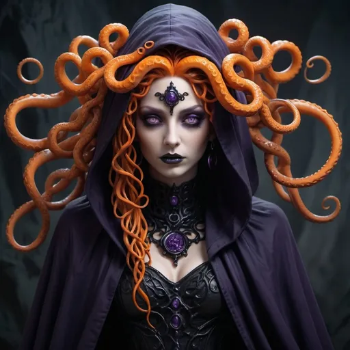 Prompt: Goth Medusa with orange tentacle hair and a hood on