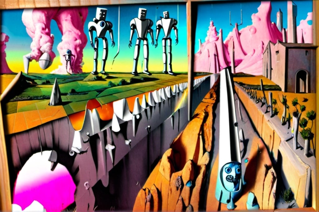 Prompt:  Hazmat suit. Time travel. Landscape. Teeth. Time. Pink floyd. robots. Salvador Dali style in 1point perspective 