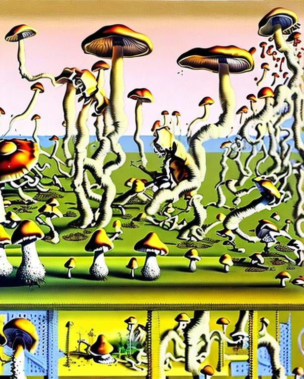 Prompt: mushrooms eating a person's shadow. Surrealism. Dark Maroon and yellow. Robots bugs cottage setting Salvador dali style, Lewis rossignol style