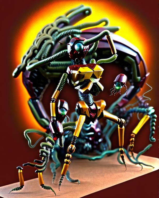 Prompt: Medusa morphed with mother nature, full body surrealism with hidden mech parts. Maroon and yellow. 1 point perspective. Ant mechs