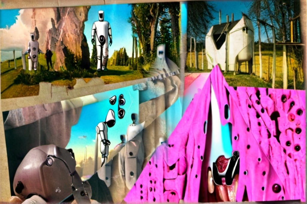 Prompt:  Hazmat suit.hannibal lector. Time travel. Landscape. Teeth. Time. Pink floyd. robots. Salvador Dali style