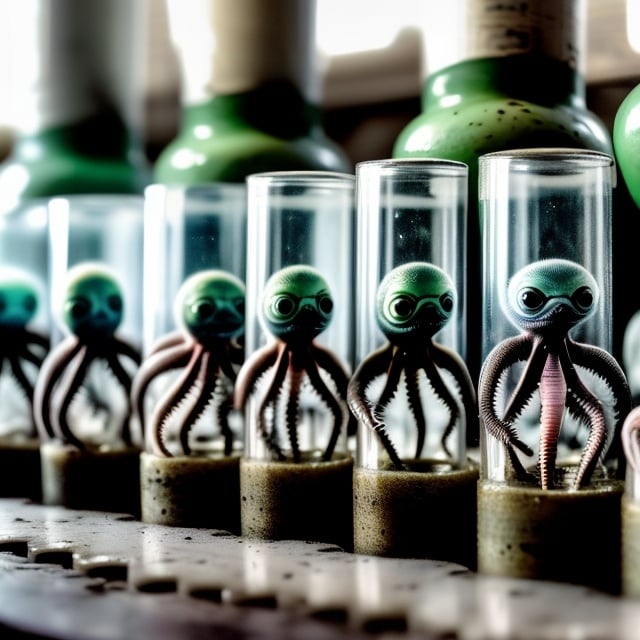 Prompt: Little creatures in rows of incubation tubes. Sat on table