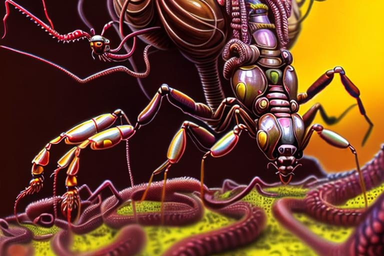 Prompt: Medusa morphed with mother nature, surrealism with hidden mech parts. Ants crawling on her. Maroon and yellow. 1 point perspective. Bugs praying mantis