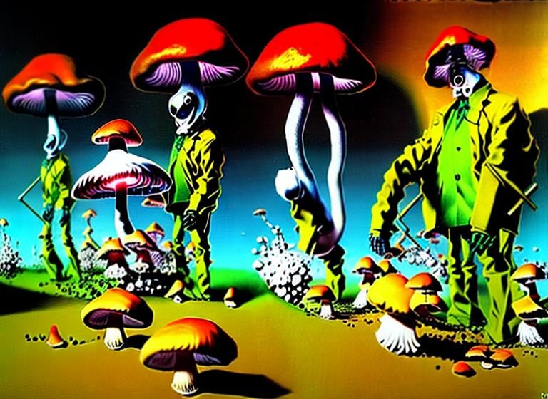 Prompt: mushrooms eating a person's shadow. Surrealism. Dark Maroon and yellow. Robots bugs cottage setting Salvador dali style, Lewis rossignol style