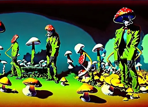 Prompt: mushrooms eating a person's shadow. Surrealism. Dark Maroon and yellow. Robots bugs cottage setting Salvador dali style, Lewis rossignol style