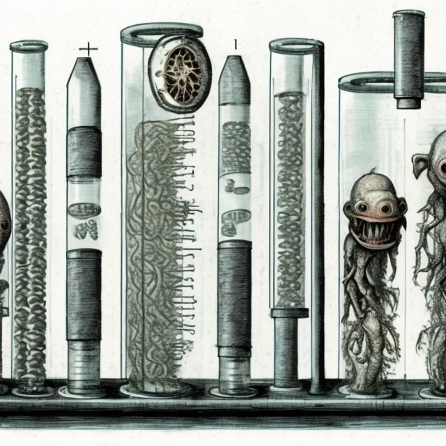 Prompt:  Creatures in 30 incubation tubes.