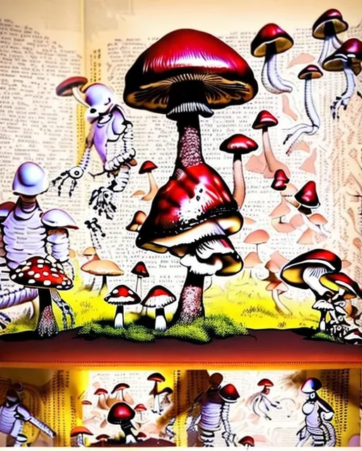 Prompt: mushrooms eating a person's shadow. Surreal. Dark Maroon and yellow. Robots bugs cottage setting