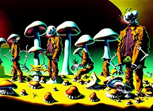 Prompt: mushrooms eating a person's shadow. Surrealism. Dark Maroon and yellow. Robots bugs cottage setting Salvador dali style, Lewis rossignol style