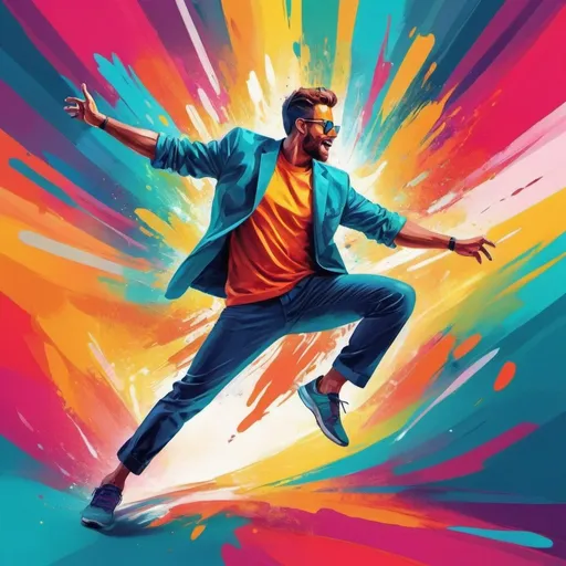 Prompt: Vibrant digital illustration of a person, dynamic and confident pose, colorful abstract background, professional digital art, high energy, motivational, vibrant colors, bold and dynamic brush strokes, energetic expression, high quality, digital art, vibrant colors, abstract, dynamic pose, energetic, motivational, professional, vibrant lighting