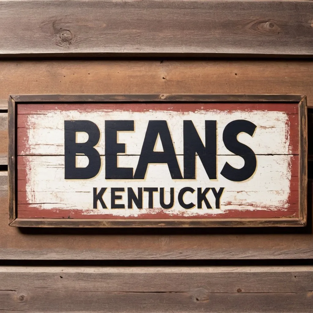 Prompt: Sign that says 'Beans Kentucky', vintage wooden sign, rustic texture, aged paint, detailed weathering, high quality, realistic, vintage, warm earthy tones, soft natural lighting