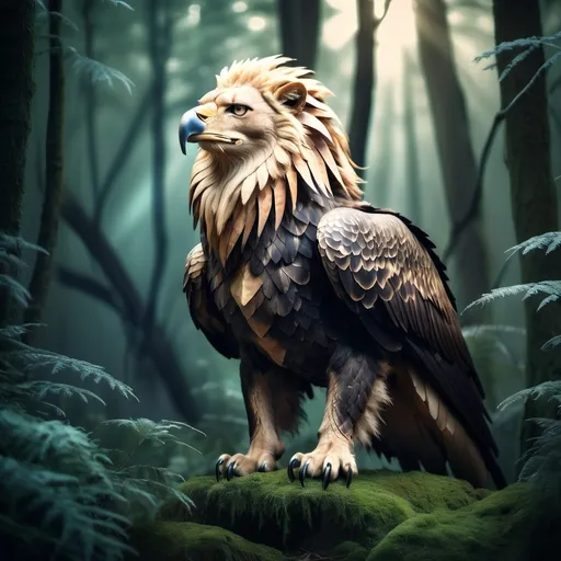 Prompt: Eagle-lion hybrid in a mystical forest, animal hybrid of an eagle and a lion, mix of lion and eagle, high quality, atmospheric lighting