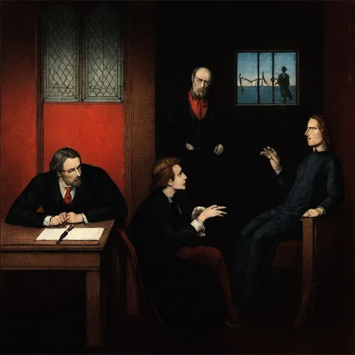 Prompt: two powerful figures in conversation: a man in his 40s with sharp, confident features, wearing a black suit, and a woman in her 30s with strength and energy, wearing a red suit. Background: A luxurious conference room with huge windows and artwork that reflects power, attractively supporting the ideas of the "48 Laws of Power".