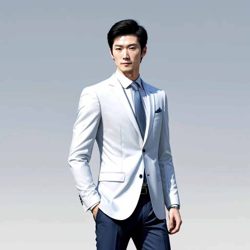 Prompt:  A tall, half-White, and half-Asian man with a medium hairstyle, a suit jacket, and suit pants. realistic detail, 