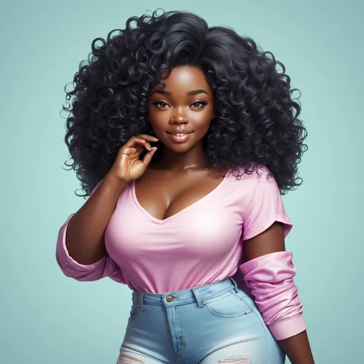 Prompt: A curvy young and cute black woman with an elegant style clothing, with thick legs, curly hairstyle, lip gloss,   vibrant colors, high resolution, detailed anatomy realistic style, curly hair, sweet, shy stance, vibrant colors, detailed features, sweet expression, 