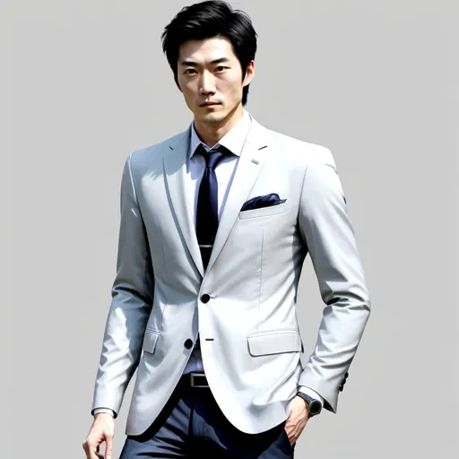 Prompt:  A tall, half-White, and half-Asian man with a medium hairstyle, a suit jacket, and suit pants. realistic detail, 