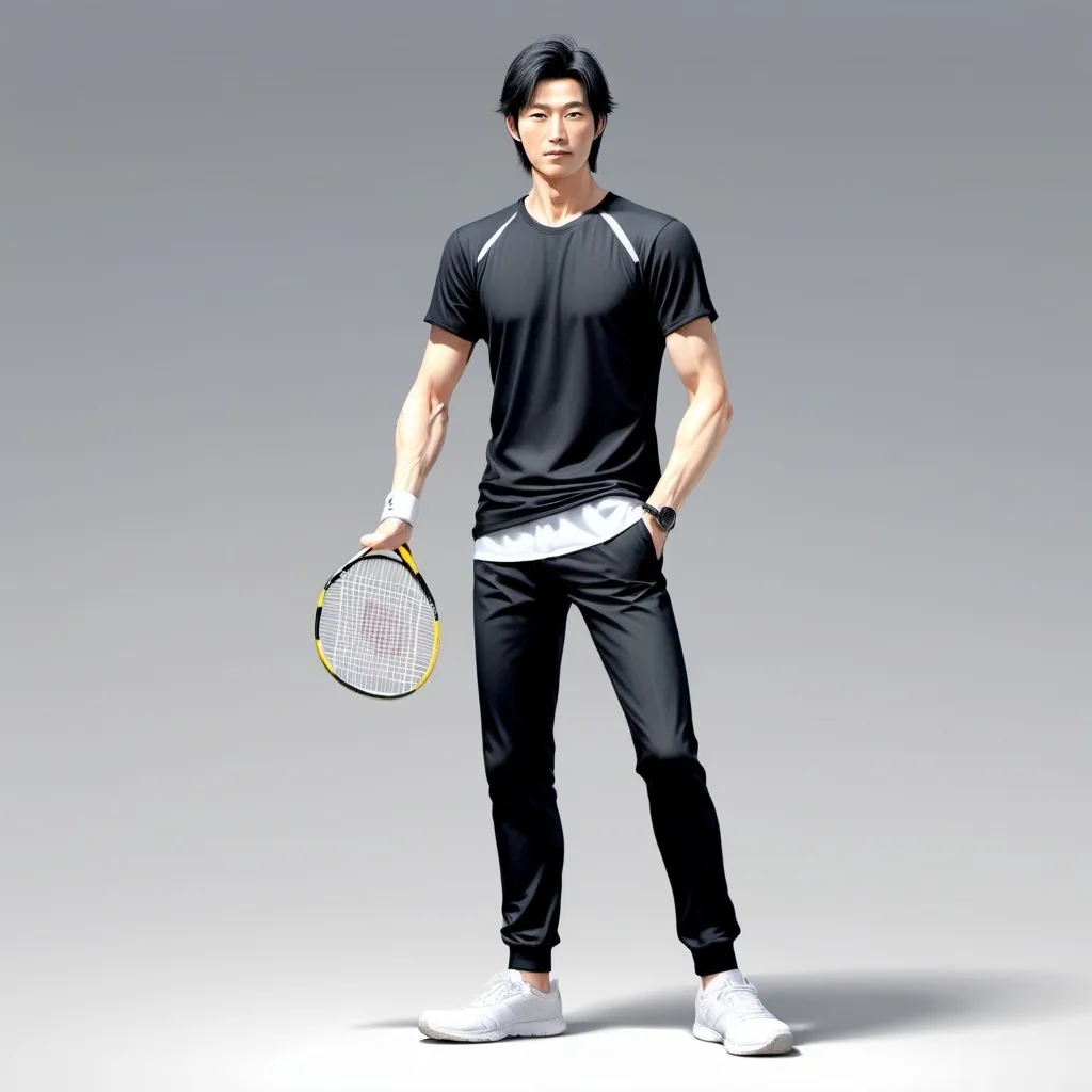 Prompt:  A tall, half-White and half-Asian man with a medium hairstyle, a black shirt, black pants, and white tennis shoes, realistic detail, 