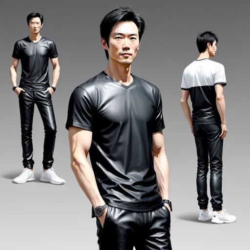 Prompt: A tall  Asian man  with a short Asian man ponytail, a black shirt, leather pants, and white tennis shoes,realistic detail