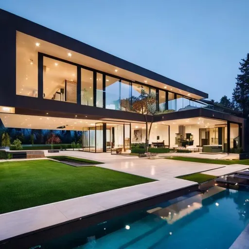 Prompt: Exterior of modern luxury house with garden and beautiful sky