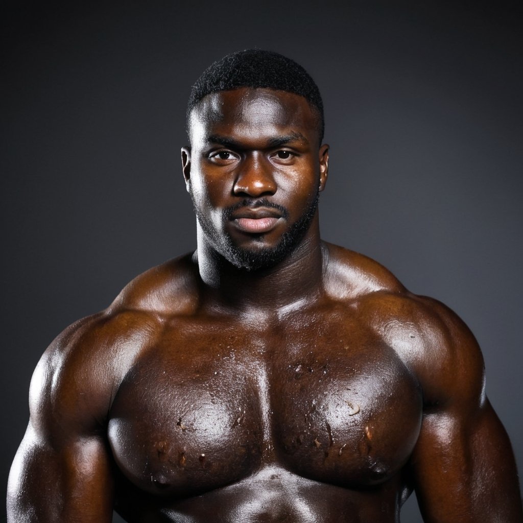 Big black buff oily man looking into the camera