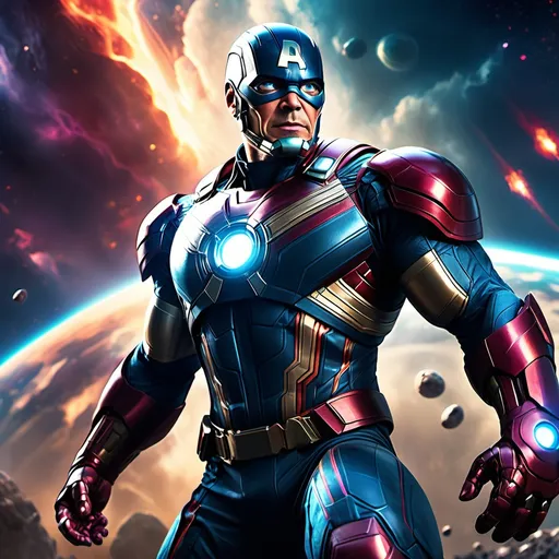 Prompt: One of the Avengers team (arriving on Earth), heroic pose, cosmic background with vibrant colors, high-intense lighting, dramatic atmosphere, showcasing the merging of sci-fi and reality, detailed textures of the character's costume, action-oriented composition, (high dynamic range) super high quality, 4K resolution, cinematic perspective, engaging visual narrative.