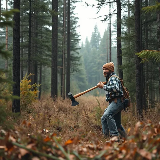 Prompt: A man in the forest hunting with a one-handed ax


