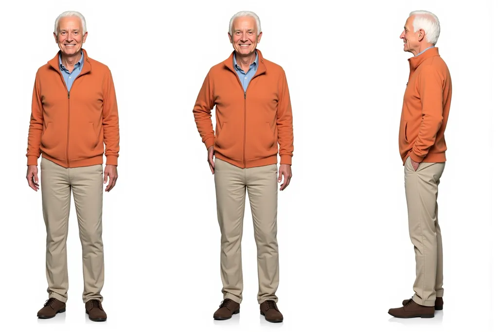 Prompt: A full-body character sheet of photograph unknown male d45ad352 with white hair, orange zip-up sweater, light blue shirt displayed in three clear views on a clean white background, arranged in a three-column grid pattern with equal spacing and importance. Left panel: front view showing complete anatomical details and outfit. Center panel: perfect 90-degree side view (profile) clearly showing the character's side silhouette, facial profile, and outfit from a direct lateral perspective. Right panel: back view revealing posterior details Each view maintains consistent scale, lighting, and full-body presentation from head to toe. All three perspectives must be equally detailed and given equal prominence in the composition.