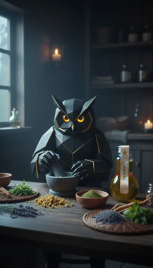 Prompt: @F4jAOewFI1bQHMGz9Geb seated at a wooden table at night.
Fresh tea leaves and herbs laid out neatly.
NOOWL grinding leaves calmly, focused.
A finished Deep Sleep Elixir bottle placed nearby.
No chaos, no fantasy elements.
Mood: process, patience, care.
Natural textures, soft moonlight, premium documentary style.