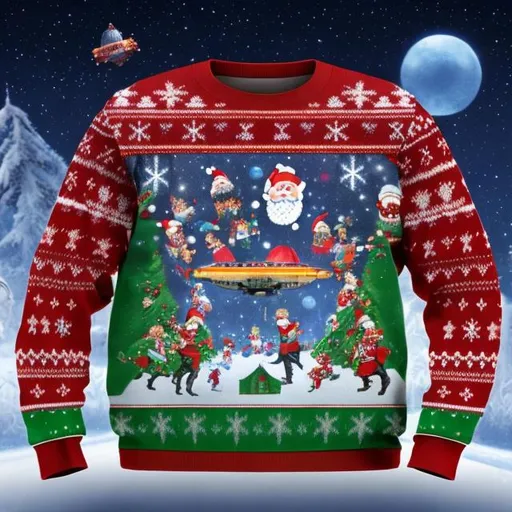 Prompt: Ungly christmas sweater  with santa claus and an OVNI flying on a spaceship with the reinder dancing and jesus peeking out behind a christmas tree