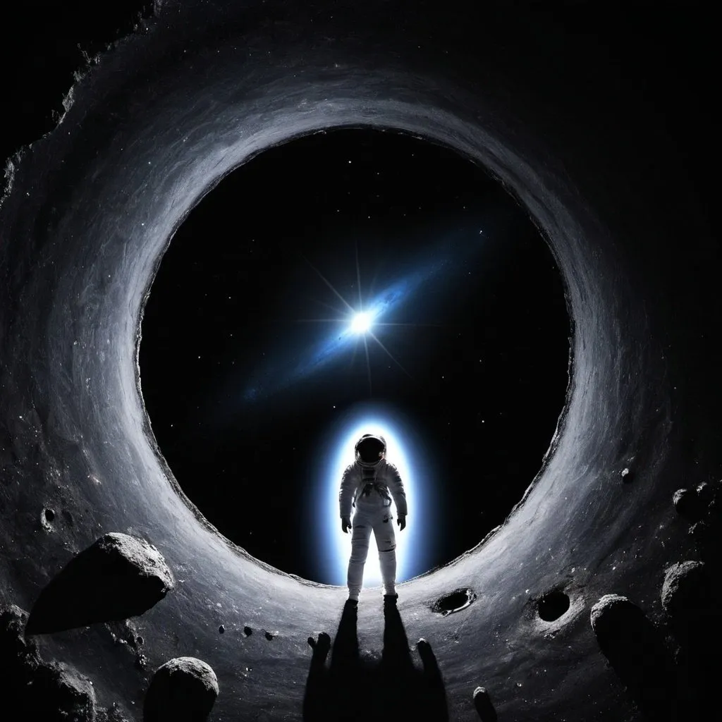 Prompt: a man near the blac hole in space
