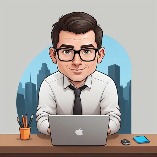 Prompt: create a cartoon image of a website developer. He is a white male, with short dark hair without glasses on