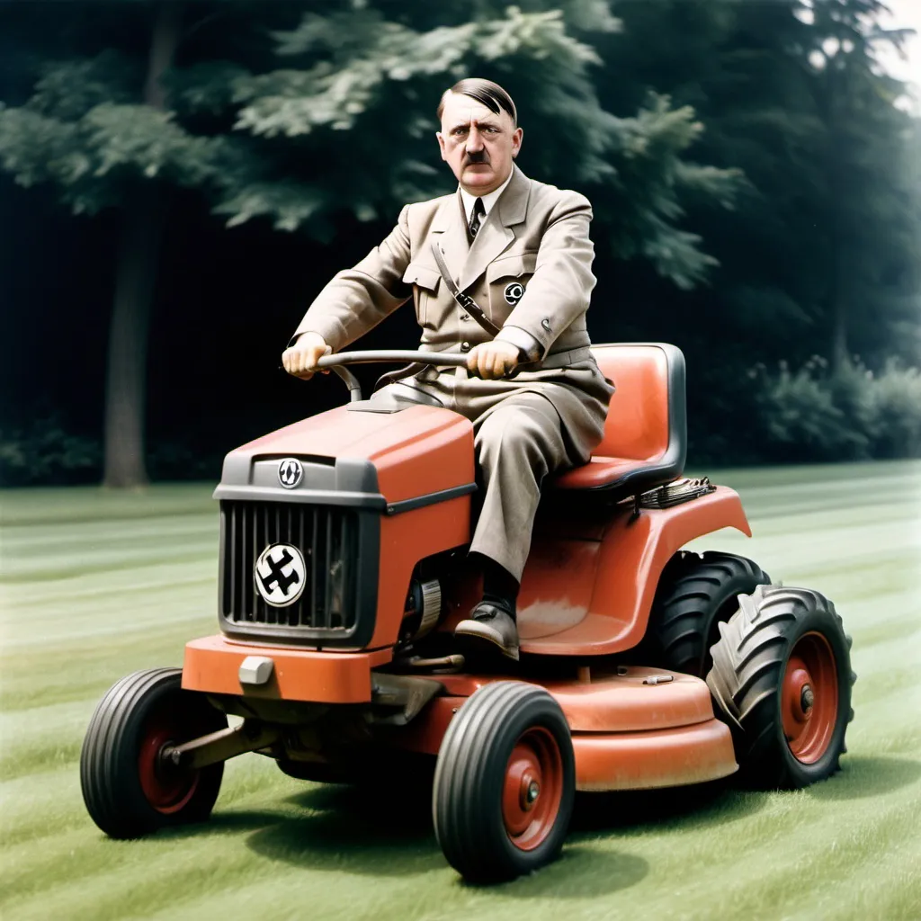 Prompt: adolf hitler driving on lawn mower, driving over jews