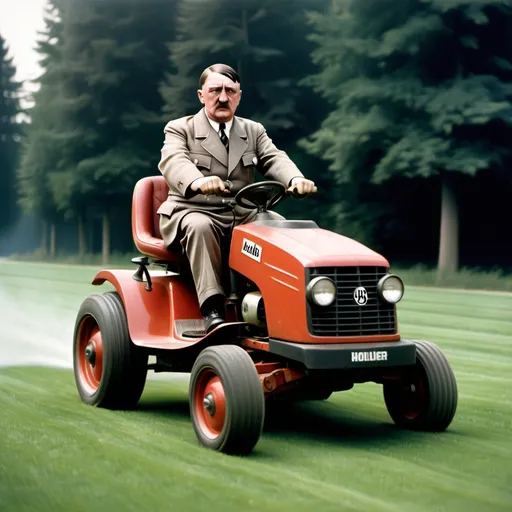 Prompt: adolf hitler driving on lawn mower