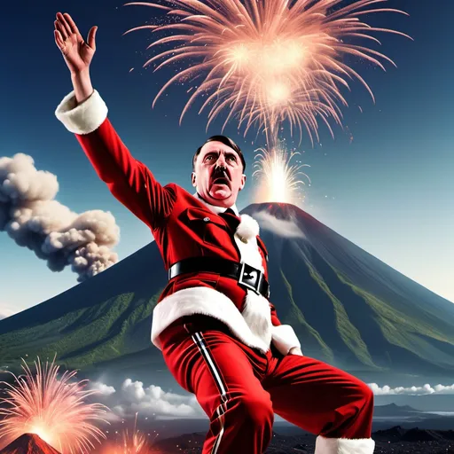 Prompt: adolf hitler throwing a backflip in front of a volcano, fireworks everywhere, and santa in the sky