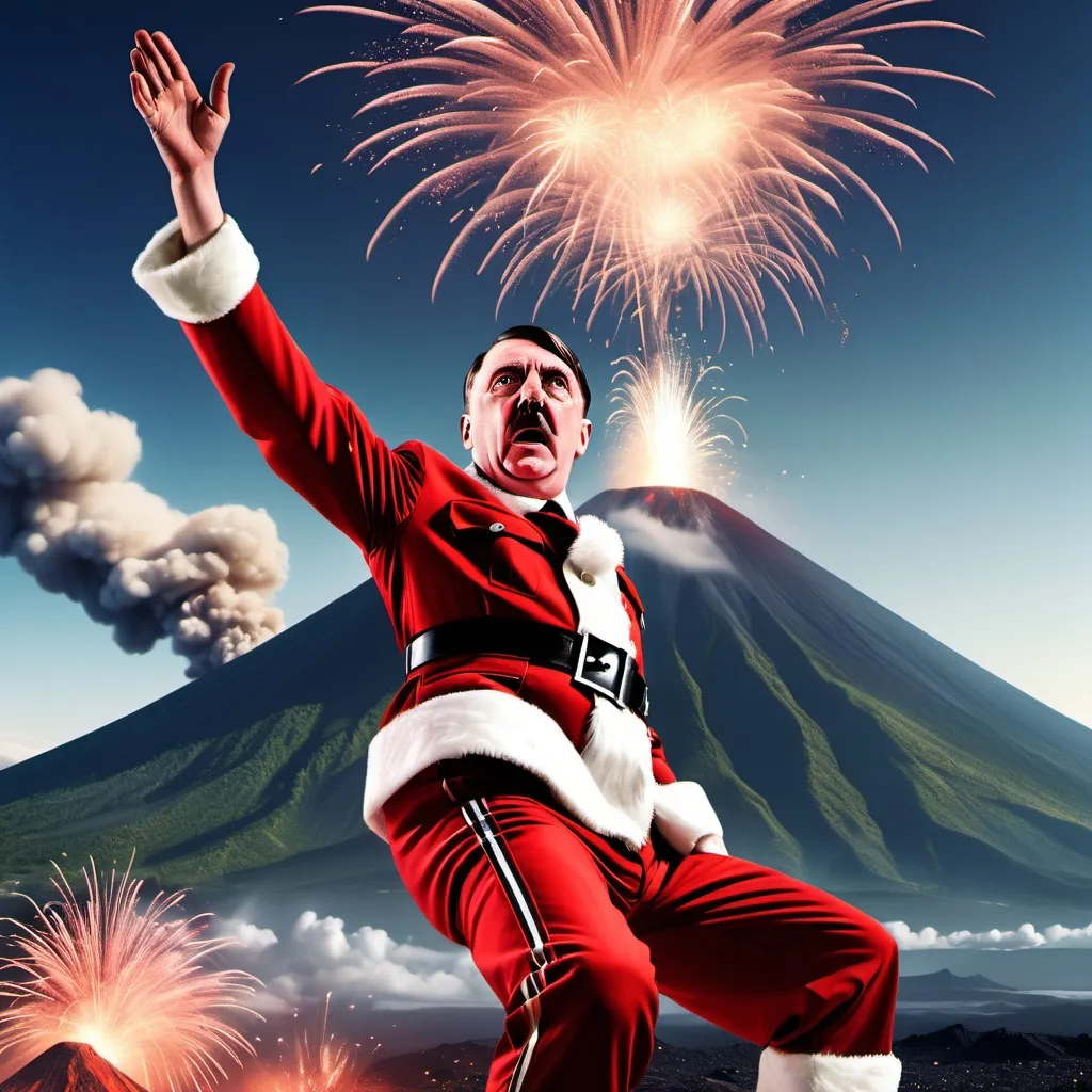 Prompt: adolf hitler throwing a backflip in front of a volcano, fireworks everywhere, and santa in the sky