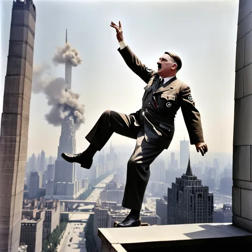 Prompt: adolf hitler throwing the griddy on top of the twin towers