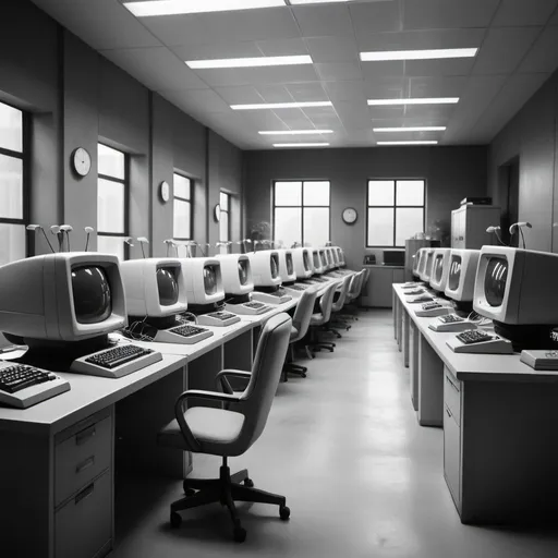 Prompt: futuristic office full of old school 1990 computers but running autonomous. aesthetic shot. greyscale. emulate crowdy offices in the 90�s but proyected in an evolution where digital agents do the repetitive tasks managing many computers at the same time