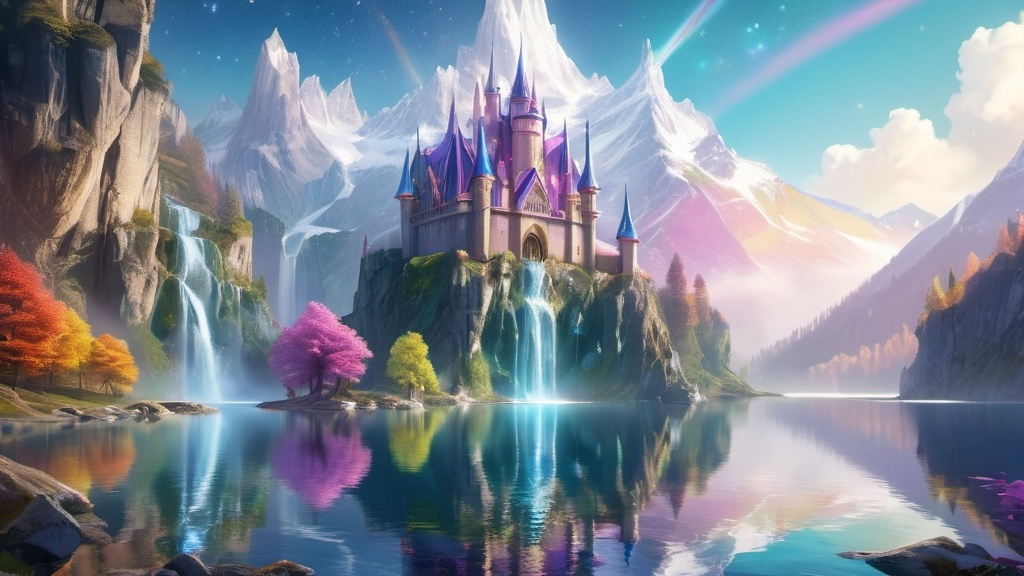 Prompt: An enchanted castle built into the side of a mountain, with waterfalls flowing down its towers into a crystal-clear lake below. The castle is made of a shimmering, translucent material that catches the light, creating a kaleidoscope of colors. In the foreground, a unicorn grazes by the lake, its mane sparkling like stardust.