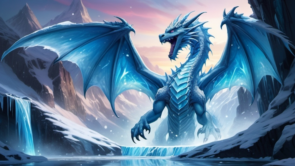 Prompt: A majestic ice dragon emerging from a frozen waterfall, its scales shimmering like diamonds, with icy breath freezing the air around it. The dragon’s eyes glow with a deep blue light, reflecting the cold, unforgiving environment. The scene is set against a backdrop of jagged ice peaks under a sky filled with swirling auroras.