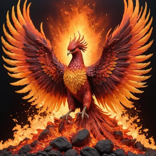 Prompt: A hyper-realistic close-up of a phoenix rising from a bed of glowing embers, its feathers a vibrant mix of fiery reds, oranges, and yellows. Each feather is finely detailed, with glowing embers dancing around its body as it ascends into the night sky. The scene captures the raw power and beauty of rebirth.