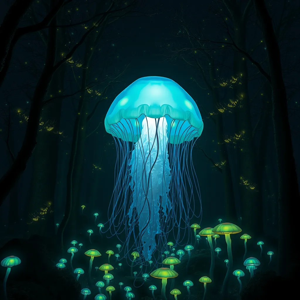 Prompt: A giant jellyfish floating through a bioluminescent forest at night. Its tentacles are long and wispy, glowing softly in shades of blue and green. The trees around it are illuminated by tiny glowing creatures, and the ground is covered in bioluminescent mushrooms that create a serene, magical atmosphere.