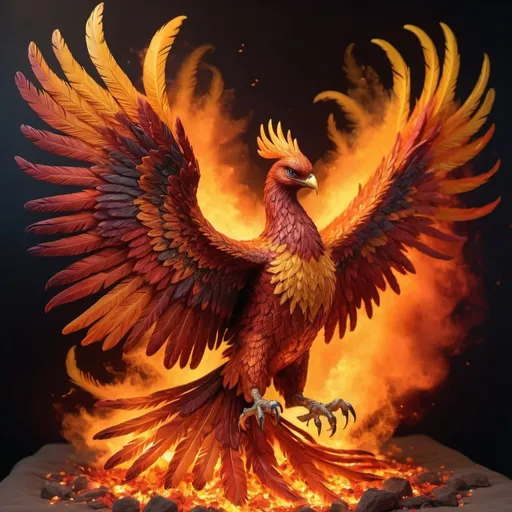 Prompt: A hyper-realistic close-up of a phoenix rising from a bed of glowing embers, its feathers a vibrant mix of fiery reds, oranges, and yellows. Each feather is finely detailed, with glowing embers dancing around its body as it ascends into the night sky. The scene captures the raw power and beauty of rebirth.