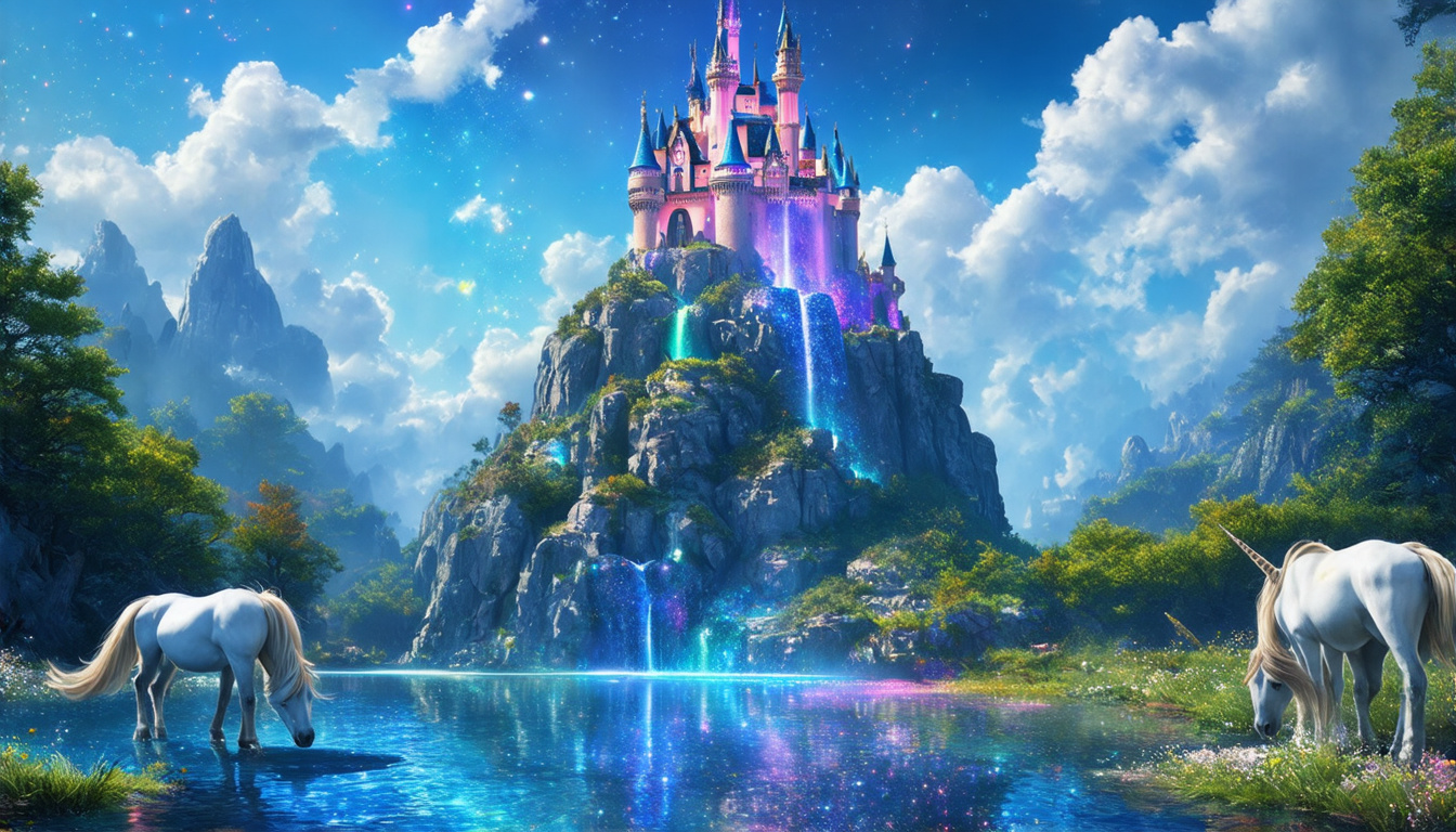 Prompt: An enchanted castle built into the side of a mountain, with waterfalls flowing down its towers into a crystal-clear lake below. The castle is made of a shimmering, translucent material that catches the light, creating a kaleidoscope of colors. In the foreground, a unicorn grazes by the lake, its mane sparkling like stardust.