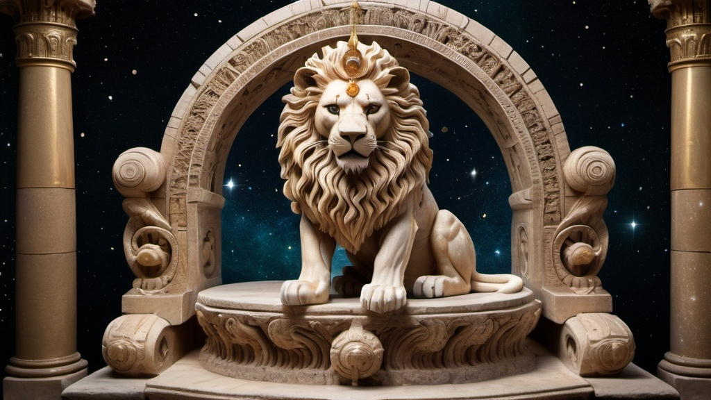 Prompt: A regal lion with a mane made of swirling galaxies, sitting atop a throne carved from ancient stone. The stars within its mane twinkle and shift, creating a mesmerizing effect. The throne is adorned with intricate carvings of celestial bodies, and the lion’s eyes glow with the light of distant stars.