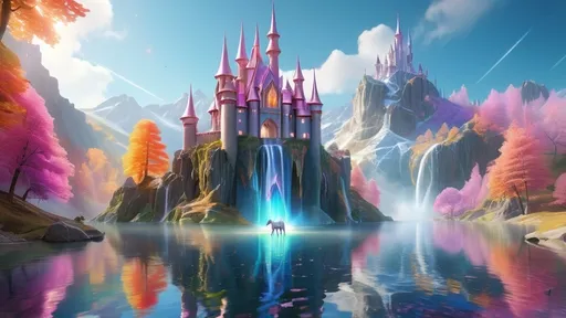 Prompt: An enchanted castle built into the side of a mountain, with waterfalls flowing down its towers into a crystal-clear lake below. The castle is made of a shimmering, translucent material that catches the light, creating a kaleidoscope of colors. In the foreground, a unicorn grazes by the lake, its mane sparkling like stardust.