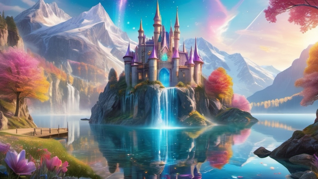 Prompt: An enchanted castle built into the side of a mountain, with waterfalls flowing down its towers into a crystal-clear lake below. The castle is made of a shimmering, translucent material that catches the light, creating a kaleidoscope of colors. In the foreground, a unicorn grazes by the lake, its mane sparkling like stardust.