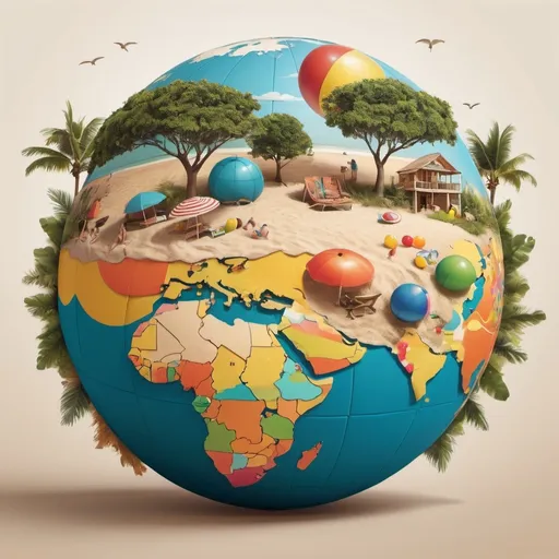 Prompt: (.png file), (globe illustration) featuring vibrant summer fun activities on the top half, sunny beaches, colorful beach balls, contrasting with a serious representation of core environmental elements on the bottom, somber hues illustrating trees and natural landscapes, warm and lively color palette on the top, muted earth tones below, (highly detailed), (4K).