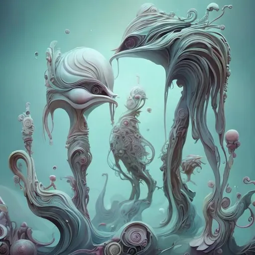 Prompt: The images feature a surreal and whimsical style, combining elements of fantasy and abstract art. The characters depicted are humanoid forms with features and appendages reminiscent of birds or sea creatures. The use of pastel and muted color palettes adds to the dreamlike quality. The environments are imaginative, with organic shapes and fluid structures that defy conventional physics, giving a sense of otherworldly landscapes. The overall tone is one of playful strangeness, evoking a sense of curiosity and wonder. This description could be used to prompt the creation of artworks with a similar blend of surrealism, abstraction, and fantasy elements.