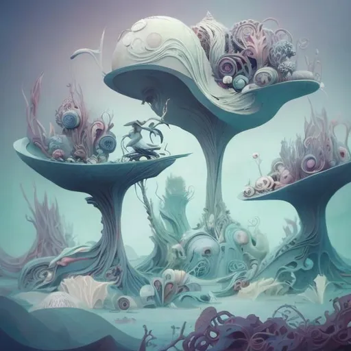 Prompt: The images feature a surreal and whimsical style, combining elements of fantasy and abstract art. The characters depicted are humanoid forms with features and appendages reminiscent of birds or sea creatures. The use of pastel and muted color palettes adds to the dreamlike quality. The environments are imaginative, with organic shapes and fluid structures that defy conventional physics, giving a sense of otherworldly landscapes. The overall tone is one of playful strangeness, evoking a sense of curiosity and wonder. This description could be used to prompt the creation of artworks with a similar blend of surrealism, abstraction, and fantasy elements.