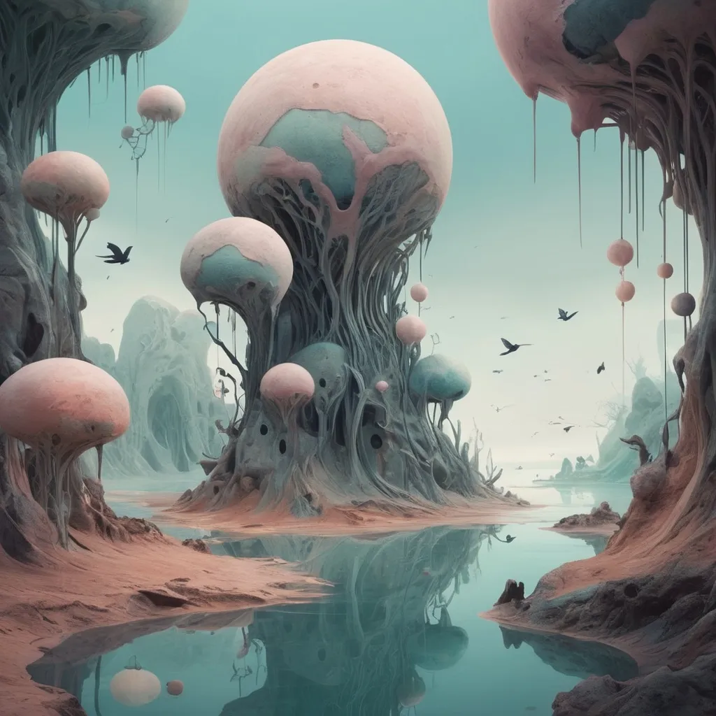 Prompt: The images feature a surreal and whimsical style, combining elements of fantasy and abstract art. The characters depicted are humanoid forms with features and appendages reminiscent of birds or sea creatures. The use of pastel and muted color palettes adds to the dreamlike quality. The environments are imaginative, with organic shapes and fluid structures that defy conventional physics, giving a sense of otherworldly landscapes. The overall tone is one of playful strangeness, evoking a sense of curiosity and wonder. This description could be used to prompt the creation of artworks with a similar blend of surrealism, abstraction, and fantasy elements.